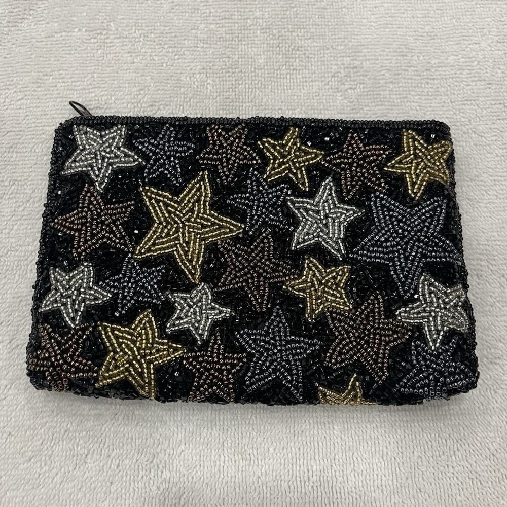 Neiman Marcus Beaded Star Coin Purse Black Gold Silver Brown Vintage